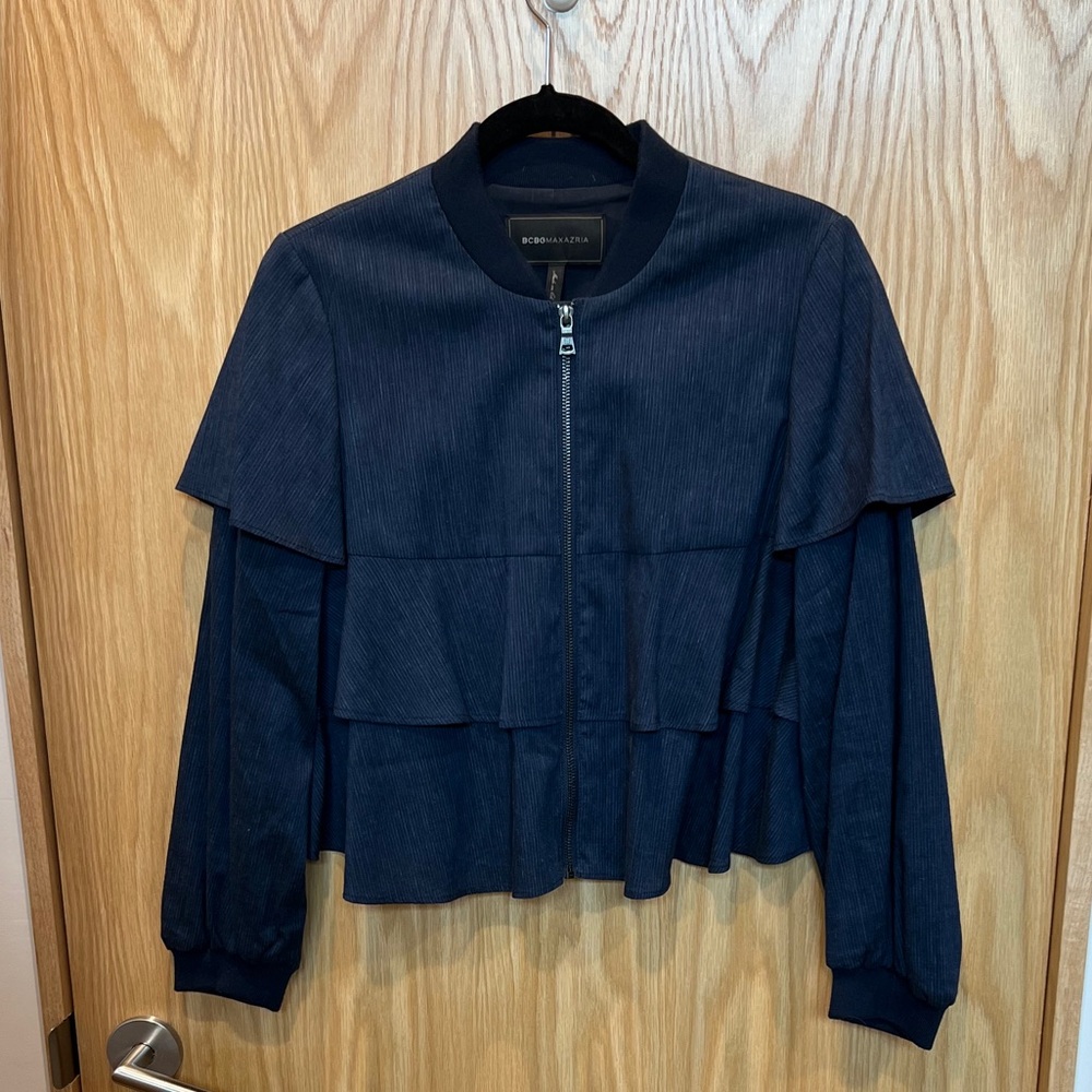 Navy BCBG crop jacket bomber style collar